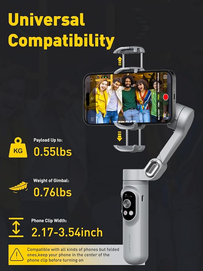 AOCHUAN Gimbal Stabilizer for Smartphone with Face/Object Tracking for iPhone 15 14 Pro Max Android,3-Axis Foldable Phone Gimbal w/Built-in Light,1/4 Threads for TikTok YouTube Vlogging(Smart X Grey)