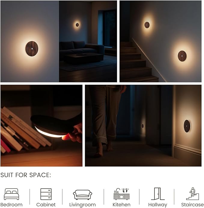 Motion Sensor Night Light Wood Rechargeable Battery-Powered Stick-On Step Lights Magnetic Closet Warm Nightlight for Hallway Bedroom Stair (2 Pack Black Walnut)