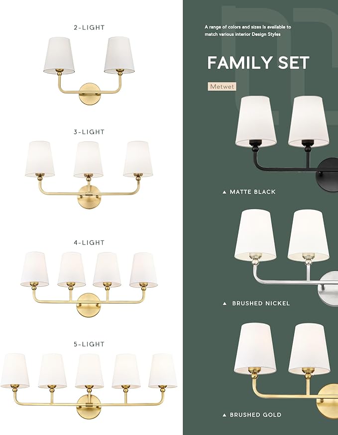 Bathroom Light Fixtures, 4 Light Brushed Gold Vanity Lights with Flared White Fabric Shade, 28 Inch Wall Sconce, Modern Sconces Wall Lighting for Hallway Bedroom, VL837-BG-4