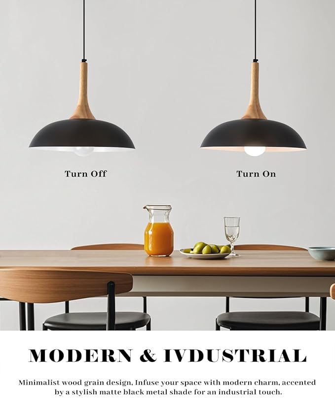 Black Pendant Lights Kitchen Island,2 Pack Modern Pendant Light with Wood Cap, 13.8 inch Dome Pendant Light for Kitchen, Dining Room, Living Room