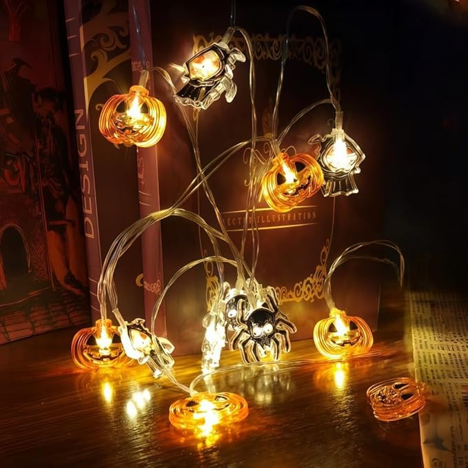 Halloween String Lights 9.8FT 20 LED Battery Powered Outdoor Decor, Pumpkin Mummy Skull Spider Designs, 2 Lighting Modes Halloween Lights Indoor for Yard Party Decoration(Style A)
