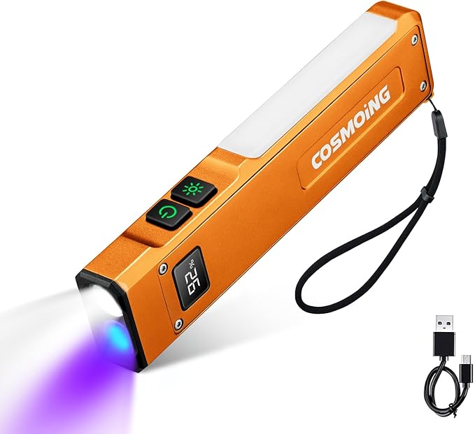 Rechargeable EDC Flashlight, 1800 Lumens Flat Flashlight 9 Mode with White LED/UV/RGB Modes, Magnetic Clip-on Pocket Flash Lights for Camping, Emergency, Repair, Pet Urine Detection, Working - Orange