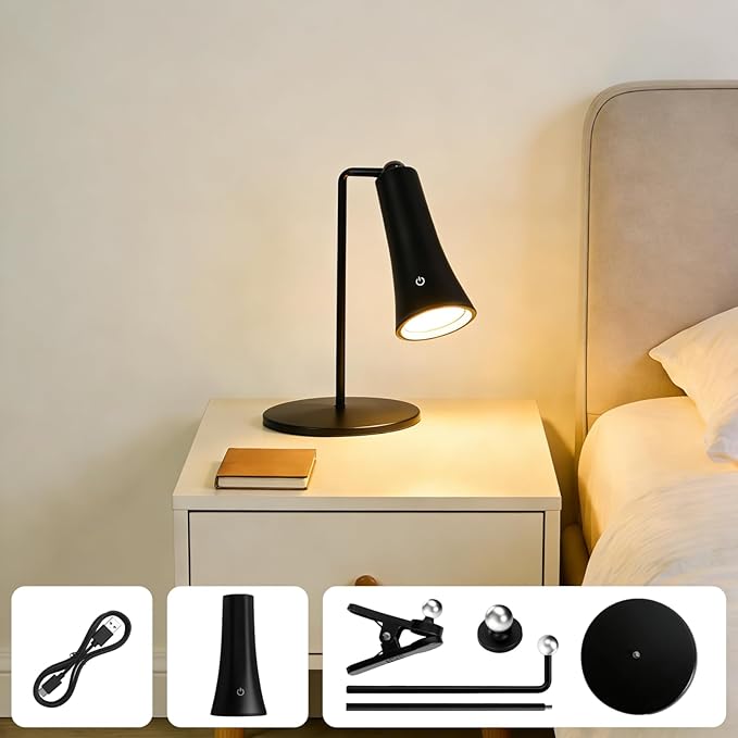 Rechargeable LED Desk Lamp, 4-in-1 Cordless Table Lamp, Magnetic Wall Mount LED Light, with Stepless Brightness, 3 Color Dimmable, 360° Rotation, For Reading, Office, Bedroom,Working, Hallway (Black)