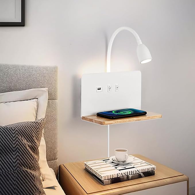 Bedside Wall Sconce with Wireless Charging Station & USB Port, Wall Mounted LED Reading Light with Flexible Gooseneck, 3 Color Temperatures, Plug-in or Hardwired Bed Reading Lamp for Bedroom, White