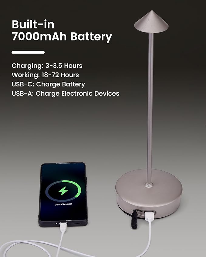 2Pack Cordless Table Desk Lamp with USB-A Output Port, 7000mAh Portable Led Table Light, Outdoor Waterproof Table Lamp for Dining Restaurant Patio Home, 3 Light Color Stepless Dimming