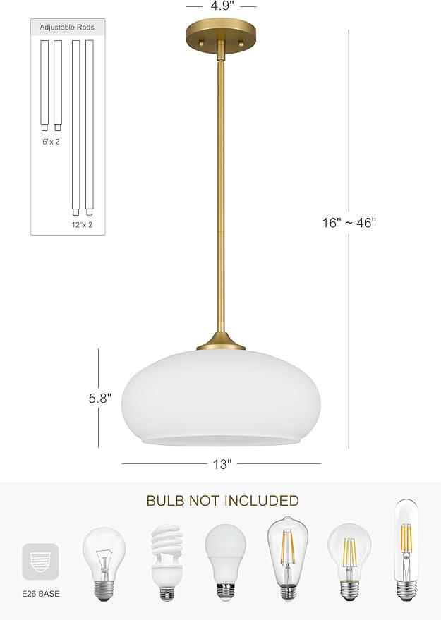 Juno Modern 1-Light Pendant Ceiling Light Fixture with Etched Opal Glass Shade for Kitchen Island, Hallway, Entryway, Passway, Dining Room, Bedroom, Balcony Living Room