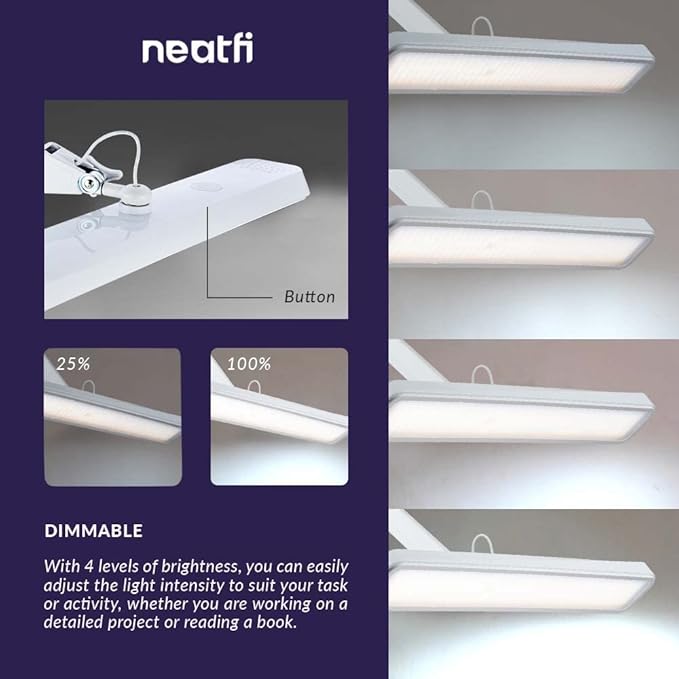 Neatfi Task Lamp – 2,500 Lumens, 30W, 22-Inch Wide Shade, 4 Brightness Levels, Eye-Caring Light, Clamp Mount, LED Task Light for Manicure Table, Crafts, Workbench, Office (Non-CCT, White)