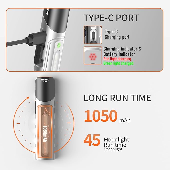 NICRON PT10 Rechargeable Flashlight, 1000 Lumens EDC Flat Flashlight with 90° Rotatable Head and Strong Magnet, 4 Modes White/UV/Warm/RGB, IPX4 Waterproof, Hands Free Flashlight for Camping, Emergency
