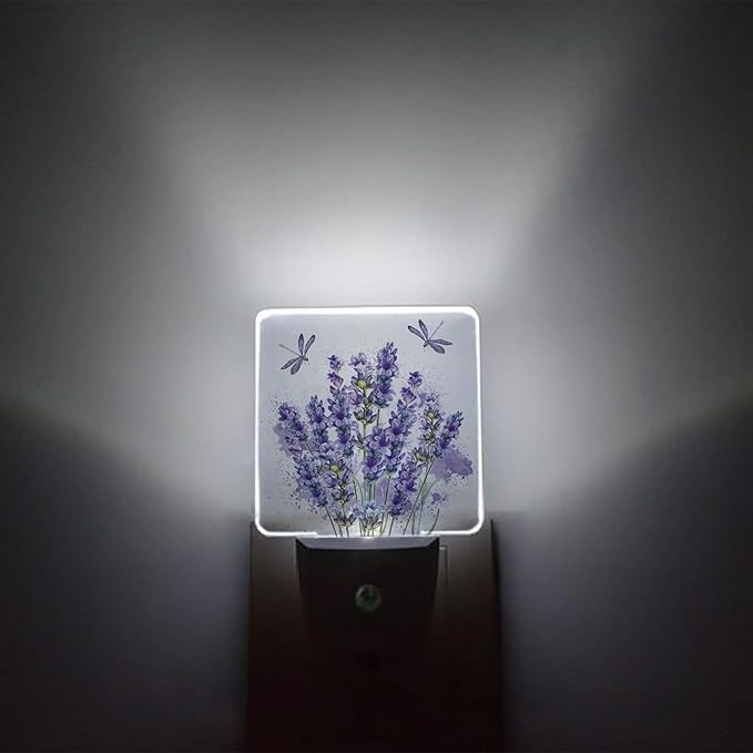 Purple Lavender Plug-in LED Night Light,Purple Dragonfly Nature Angel Auto Dusk to Dawn Sensor Nightlights Plug into Wall,White Energy Efficient Night light for Bedroom,Bathroom,Kitchen,Stairs,Hallway