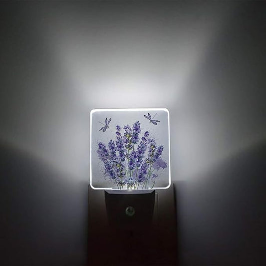 Purple Lavender Plug-in LED Night Light,Purple Dragonfly Nature Angel Auto Dusk to Dawn Sensor Nightlights Plug into Wall,White Energy Efficient Night light for Bedroom,Bathroom,Kitchen,Stairs,Hallway