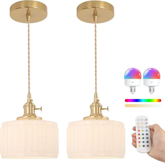 Battery Operated Pendant Light 5000mAh Rechargeable Chandelier with Remote Control Wireless Adjustable Hanging White Striped Light for Kitchen Island Dining Room Hallway, 2 Pack