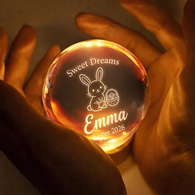 Personalized Easter Bunny Crystal Ball LED Lamp, Custom Name Glass Globe Night Light, Sweet Dreams Engraved Spring Home Decor Accent Light with Wooden Base, Easter Keepsake Gift for Family Display