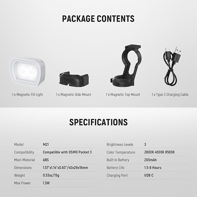 NEEWER Basics Magnetic Auxiliary Light Compatible with DJI OSMO Pocket 3 Gimbal Cam Creator Combo, 1.3W USB C Rechargeable Plastic Mini LED Fill Light Attachment for Selfie Vlog Video Recording, M21