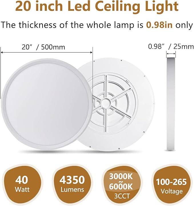 20 Inch Large LED Flush Mount Ceiling Light, 40W,4350LM, 3000K/4000K/6000K CCT Selectable,0.98inch Super Slim Low Profile Round Flat Panel Light for Bedroom,Kitchen,Hallway(White)