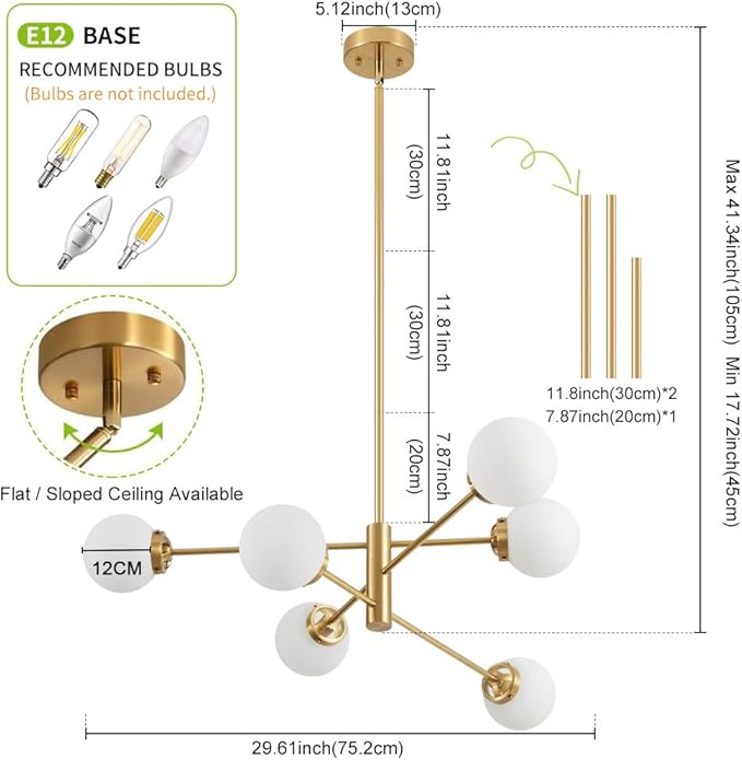 Sputnik Chandelier, Gold Modern Chandeliers, Mid Century Ceiling Lighting Fixture 6-Lights with Milk White Glass Shade for Living Room, Kitchen, Bedroom, Dining Room, and Farmhouse