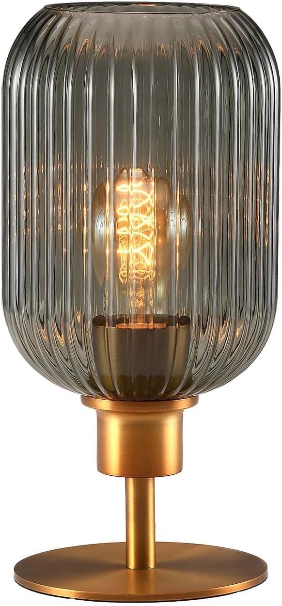 Mid Century Glass Table Lamp,Dimmable Desk Lamp,LED Bulb Included,Timer Build-in,Smoky Grey Ribbed Glass
