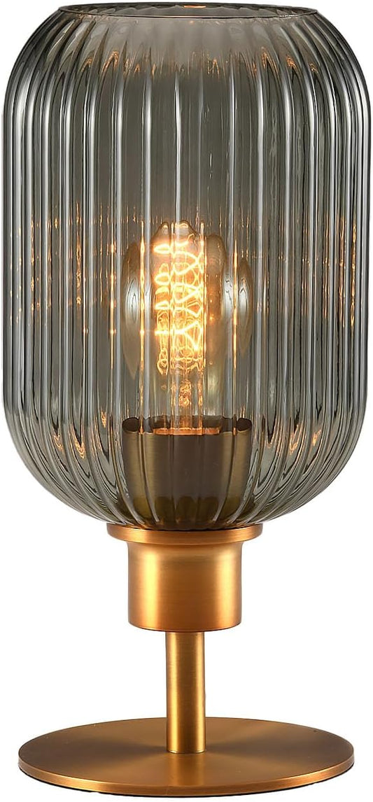 Mid Century Glass Table Lamp,Dimmable Desk Lamp,LED Bulb Included,Timer Build-in,Smoky Grey Ribbed Glass