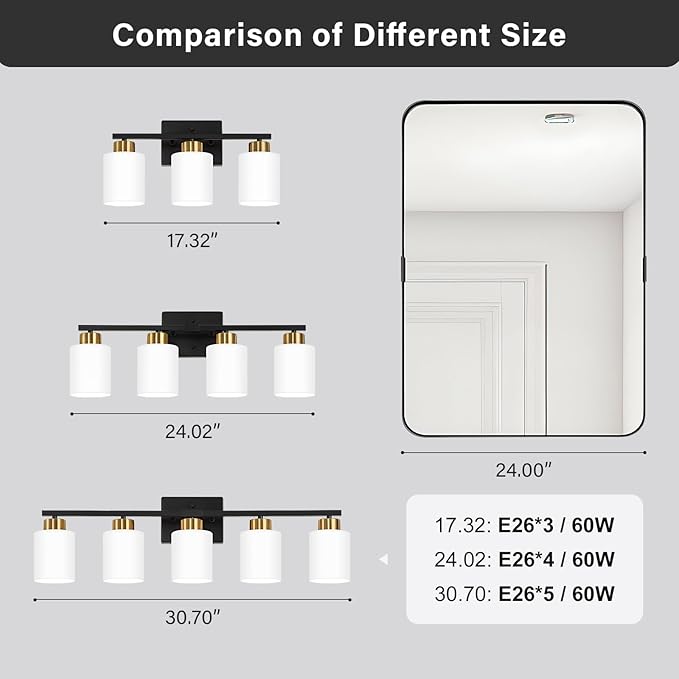 Black and Gold Bathroom Light Fixtures, 4-Light Modern Vanity Light Over Mirror, Wall Sconces with Milky White Frosted Glass Shades, E26 Socket (Bulbs Not Included)