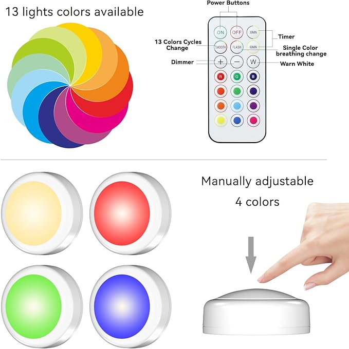 Puck Lights with Remote Control, Battery Operated LED Push Light Wireless, 13 Color RGB - for Closet, Bedroom Wall, Under Cabinet, Battery Powered Puck Lights. Convenient 3M Stick On, 6 Pack