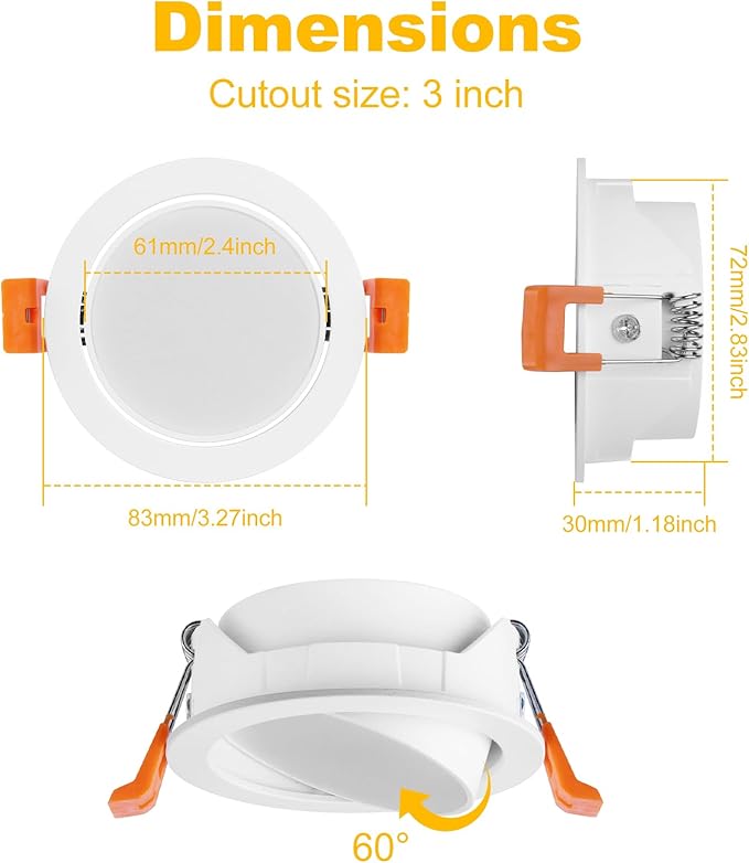 YGS-Tech 3 Inch Gimbal LED Recessed Lighting, 60° Tilt-Only Adjustable Downlight, 5W Dimmable 5500K Daylight White Recessed Light, 120V Ceiling Light with LED Driver (4 Pack)