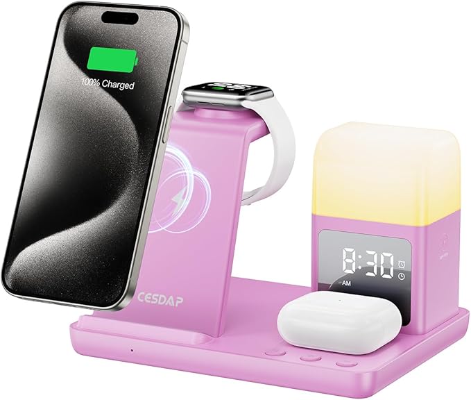 6 in 1 Wireless Charging Station for Apple Charging Station for Multiple Devices with Alarm Clock and Night Light nightstand Charging Station for iPhone 15 14 13 for Apple Watch(Pink)