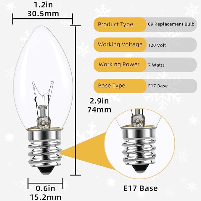 C9 Replacement Bulbs - 25 Pack Christmas Light Replacement Bulbs Waterproof, UL Certified for Indoor & Outdoor String Lights, E17 Base, 7 Watt