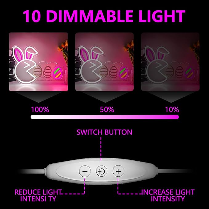Easter Neon Sign for Wall Decor Bunny Led Sign Cute Rabbit Neon Light Easter Decorations Dimmable Funny Egg Light Up Sign for Window Spring Bar Living Room Home Holiday Bedroom Party Gifts