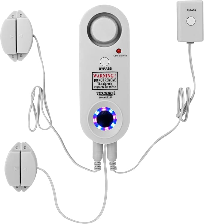 TECHKO Strobe Safe Pool Alarm for Kids, Pets, ETL Listed UL 2017 Compliant, Indoor/Outdor Weather Resistant, LED Strobe Lights & 115 dB Alarm System with Bypass Buttons, Easy Install, White, S287
