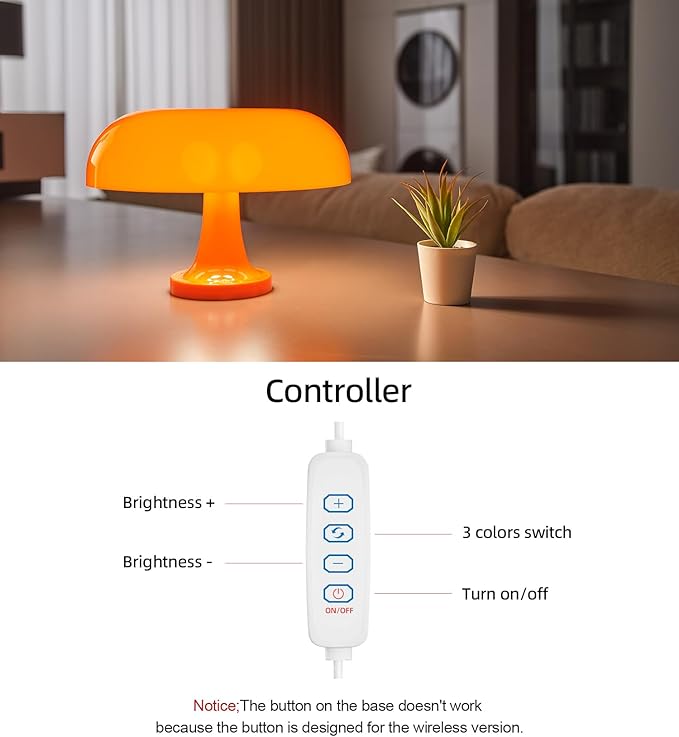 Orange Bedside Lamp for Bedroom Nightstand, Retro Mushroom Table Lamp with 3 Lighting Color and 10 Brightness Level, Desk Lamp for Reading Room/Office/Dorm(W11'' x H7.67'', USB Powered)