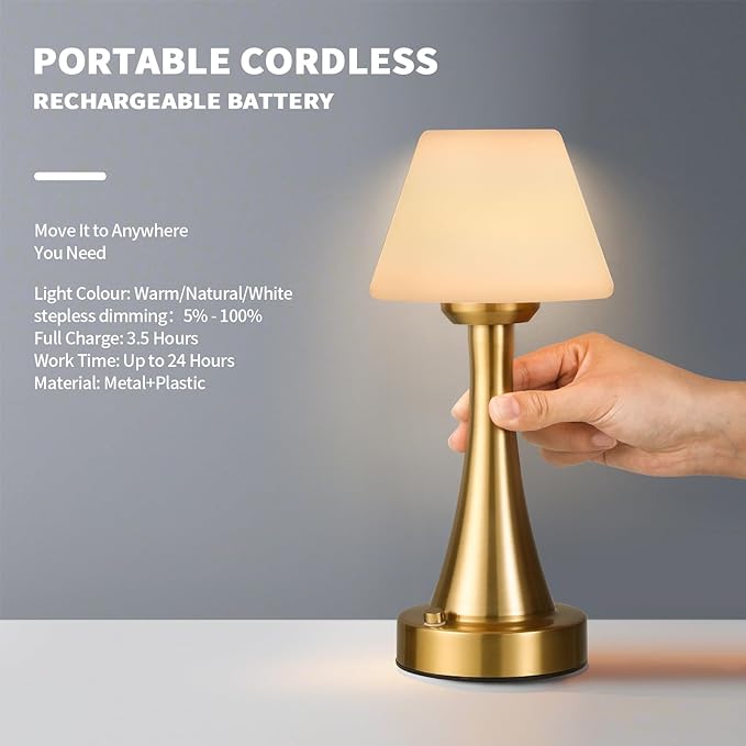 Waterproof Rechargeable Table Lamp for Shower & Outdoor, Cordless Touch Dimmable Nightstand Lamp with 3 Light Colors, Portable LED Light for Bedroom, Patio, Camping & Bar (Copper)