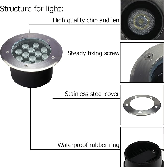 Outdoor Ground Lights 12W,High Voltage 110V 120V Well Light,Diameter 7 inches,Waterproof Landscape Lighting Wired,White 6500K,Recessed Tree Uplighting for Pathway,Walkway,Deck,Pack of 4