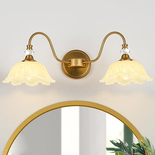 Vintage Bathroom Vanity Light, 2-Light Matte Brass Finish Vanity Light with Floral Yellow Glass Shades, Retro Wall Sconce for Bathroom, Dressing Table