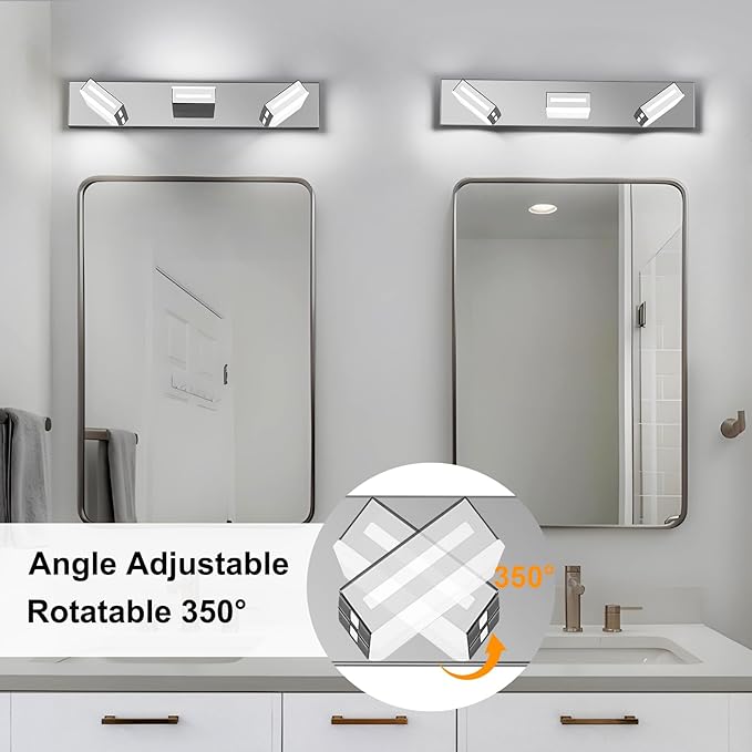 24-Inch 3-Light LED Modern Chrome Bathroom Vanity Light Fixtures Over Mirror, Bathroom Lighting Fixtures with Cool White 6000K, Rotatable Vanity Wall Lights for Bath Restroom Powder Room