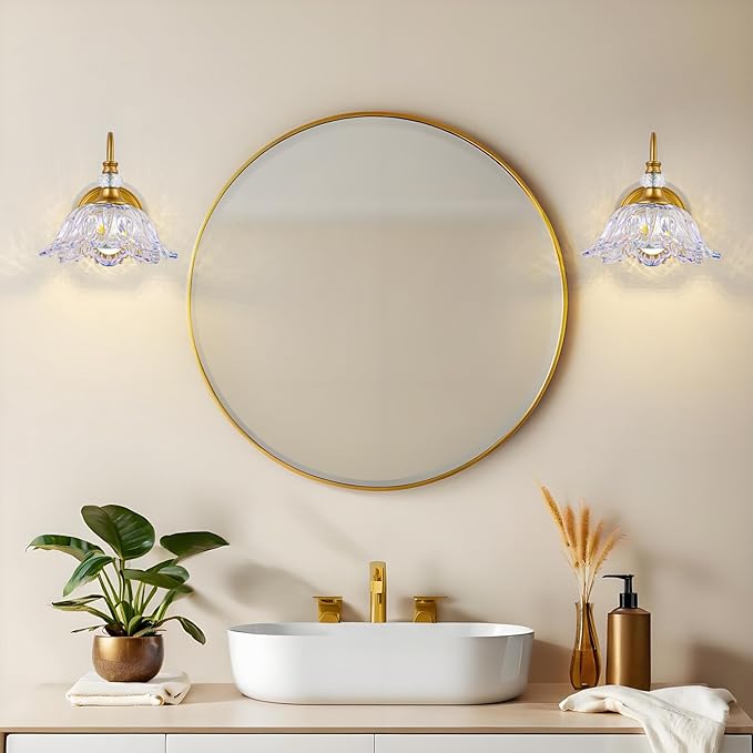 1 Piece Vintage Wall Sconce with Floral Rainbow Glass Shade, Matte Brass Finish Wall Mount Lighting for Bathroom,Vintage Bathroom Vanity Light Fixtures