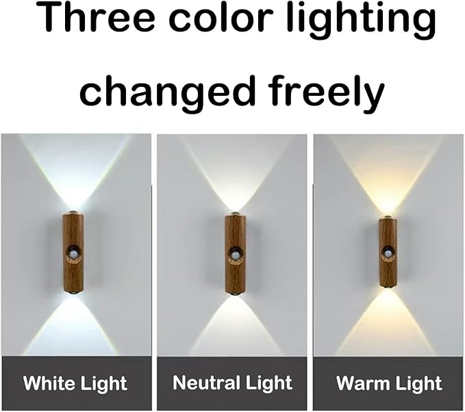 Motion Sensor Wall Lamp, Motion Sensor Light Indoor, Smart Night Light, Rechargeable Sensor Bathroom Light, Magnetic Mount lamp for Bedroom, Bathroom, Courtyard, Livingroom (Walnut-3 Color)