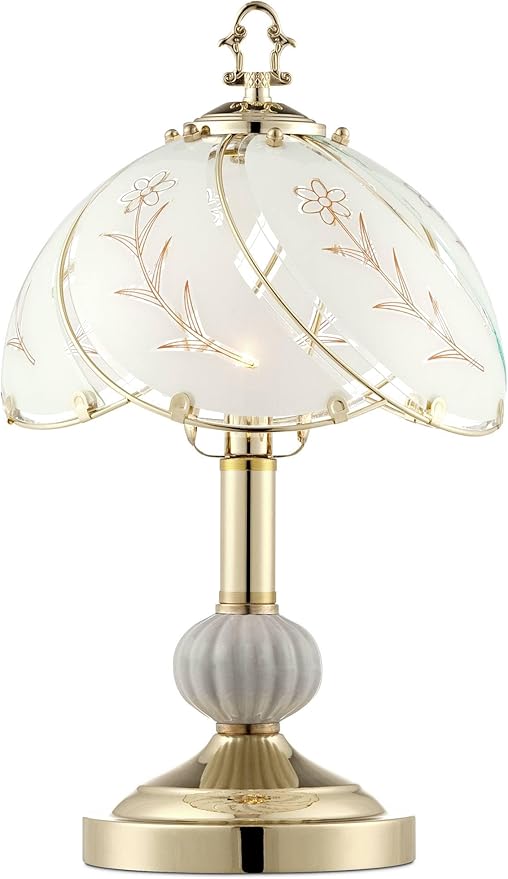 Regency Hill Traditional Accent Table Lamp 15" High Polished Brass Gold Floral Etched Art Glass Shade Touch On Off Cottage Core Decor for Bedroom House Bedside Nightstand Home Office