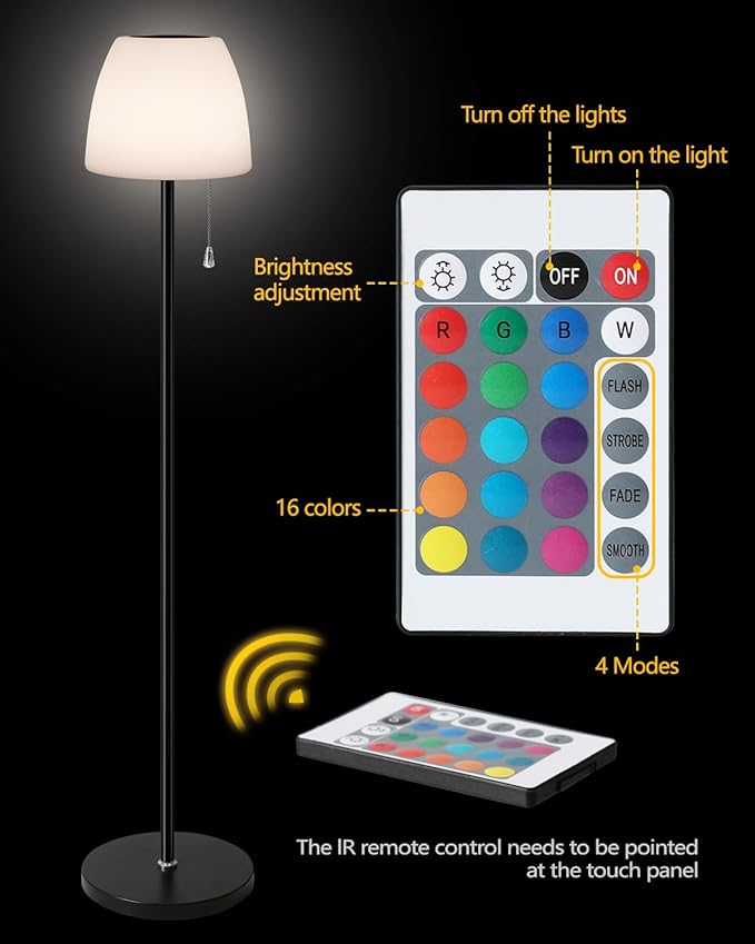 Solar Outdoor Floor Lamp - lP65 Waterproof, USB Rechargeable, 16 Colors & 4 Modes,Cordless Floor Lamp, Light Sensor & Remote Control, Adjustable Height for Garden, Yard, Balcony, Pool