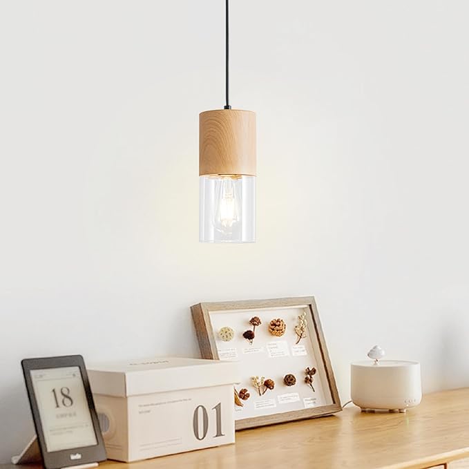 3-Pack Modern Pendant Lights for Kitchen Island, Adjustable Pendant Light Fixtures with Raw Wood Grain, Industrial Clear Glass Pendant Lights for Dining Table Hallway Bedroom Living Room