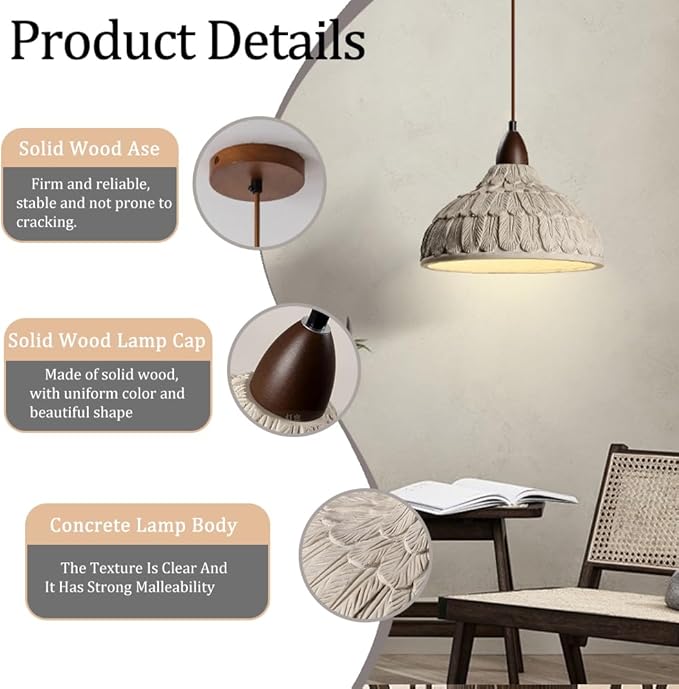 Wabi Sabi Pendant Light, 11" Retro Japanese Style Concrete Pendant Light with Feather Textured Lampshade, Cement Pendant Light Fixtures Ider for Bedroom Living Room Kitchen Island (No Bulb)
