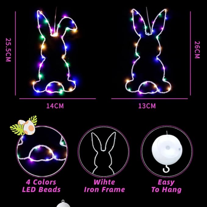 Happy Easter LED Bunny Window Light with Suction Cup, Windows Decorations Hanging LED Lights with Timing Function,Suitable for Indoor and Outdoor Easter Decoration, Family Gathering