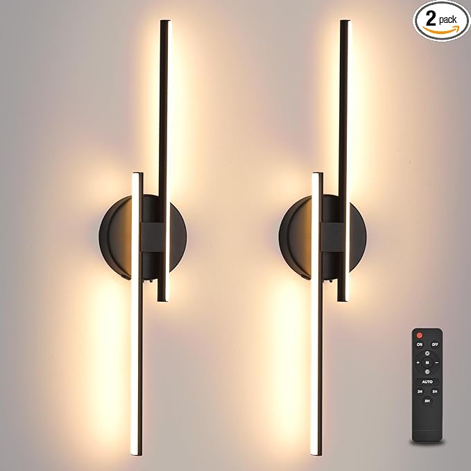 Rechargeable Battery Operated Wall Sconce Set Of Two, Black Wireless LED Wall Sconces With Remote Control, Dimmable 3 Colors Cordless wall lights for Living Room, bedroom, Hallway, 23.6 Inch ( 2pcs)