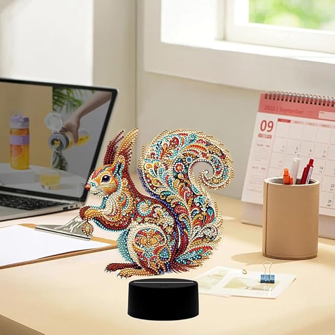 Gorgeous Squirrel Diamond Art Painting Night Light,Diamond Art Painting Kits Desktop Touch Lamp Ornaments for Tabletop Decor Diamond Art Accessories for Adult Beginner Bedrooms Living Room