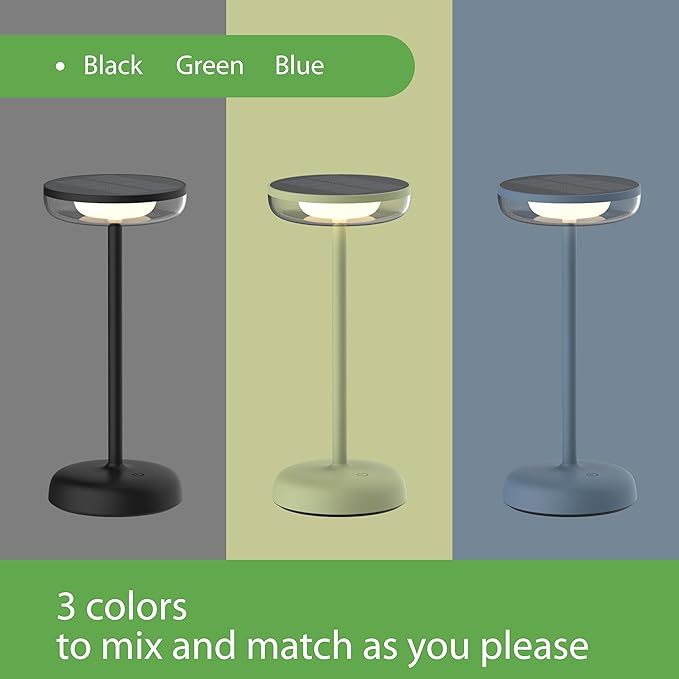 Cocktail Style Solar Table Lamp – Cordless LED Light with USB-C Charging, Dimmable Warm 2700K Glow, Weather Resistant for Indoor/Outdoor Use – Black, 1 Pack