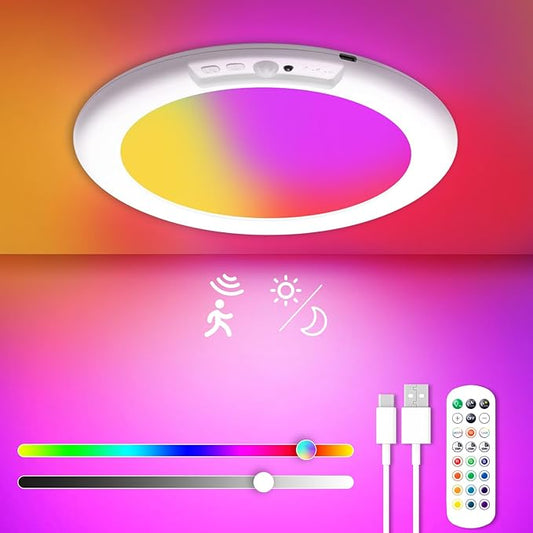 wowatt 13 Colours Battery Operated Ceiling Lights, Rechargeable Motion Sensor Light Indoor Wireless Shower Lamp with Remote, 7.48in Dimmable Timing Motion Activated for Closet Shower Pantry