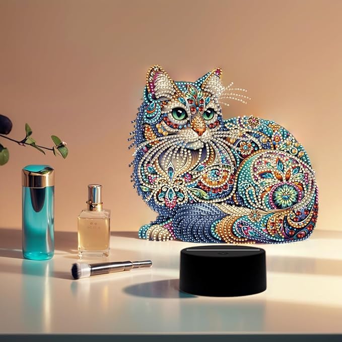 Gorgeous Cat Diamond Art Painting Night Light,Diamond Art Painting Kits Desktop Touch Lamp Ornaments for Tabletop Decor Diamond Art Accessories for Adult Beginner Bedrooms Living Room