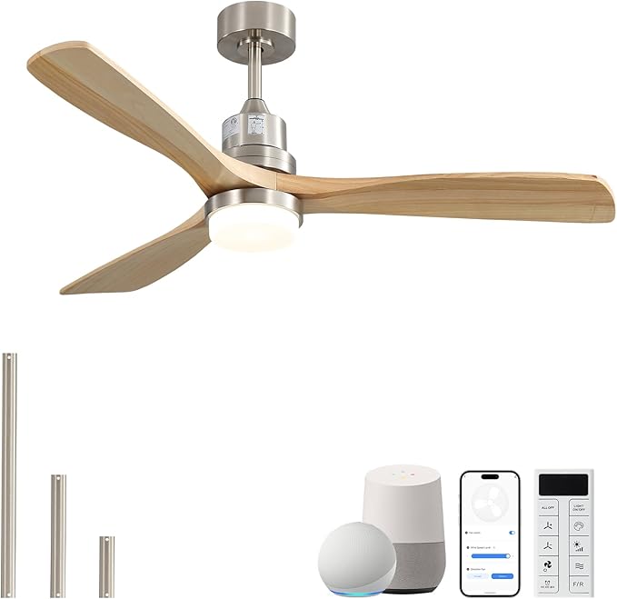 Sofucor 52 Inch Smart Ceiling Fan with Light, Indoor/Outdoor Ceiling Fans with Lights and Remote, Work with Alexa/Google, Quiet DC Motor, Solid Wood 3 Blade Ceiling Fans for Bedroom Living Room Patio