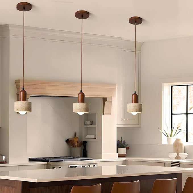 Natural Stone Pendant Light, Wabi Sabi Travertine & Wood Hanging Lamp for Kitchen Island, Hallway, Bedroom, Dining Room Ceiling Decor (E26 Bulb, 4.9 in Stone Hat, 1pcs)