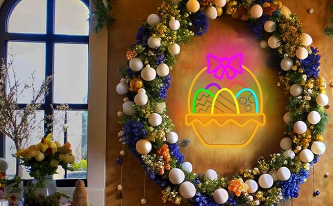 Easter Eggs Neon Signs for Wall Decor, Easter Egg Baskets with Bow Decorations Gifts, USB Dimmable LED Neon Lights Sign Party Decor for Bedroom Window Door Yard Bar Classroom Church