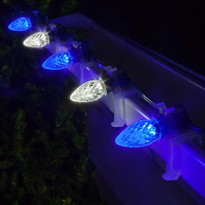 Set of 50 C7 Blue and White OptiCore Commercial Christmas Lights - Cool White and Blue Outdoor LED Bulbs on Heavy Duty 18 Gauge Green Wire (50 ft)