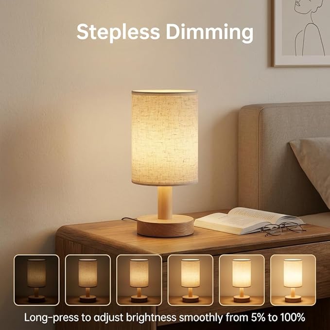 Small Cordless Bedside Table Lamp, Rechargeable 2200mAh Battery Powered Lamp with Touch Control, 2700K Warm Dimmable Lamp Natural Wood Base Linen Shade for Bedroom Dorm Nursery Outdoor Patio Camping